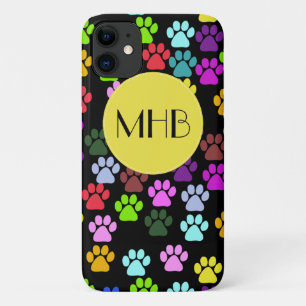 Funda Para iPhone 11 Monograma - patas del perro, rastros - verde azul