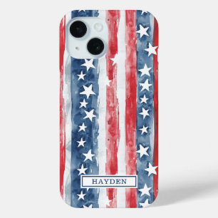 Funda Para iPhone 15 Monograma Patriótico de Estrellas y Franjas en Acu