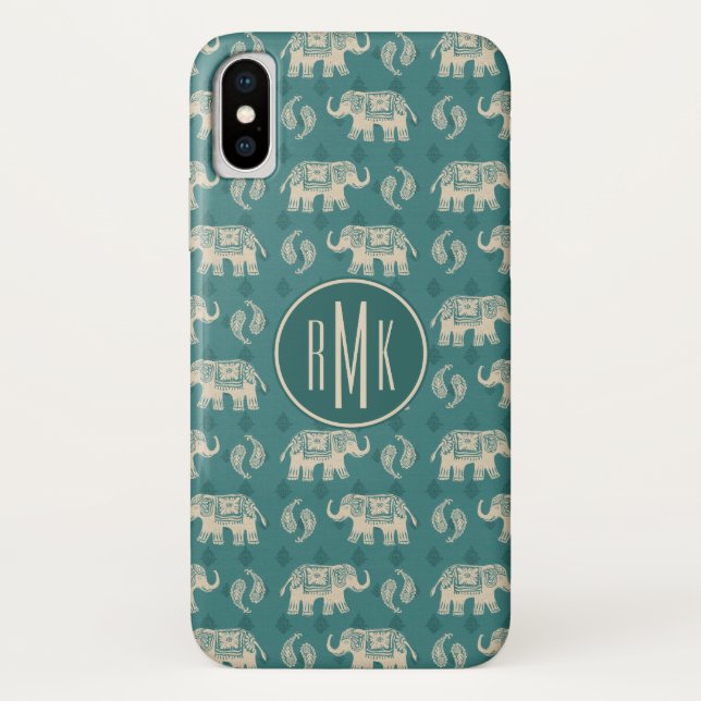 Funda De Case-Mate Para iPhone Monograma| Patrón de caravana elefante Verde azula (Reverso)