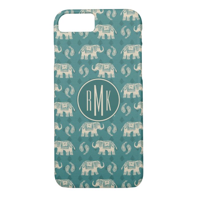 Funda De Case-Mate Para iPhone Monograma| Patrón de caravana elefante Verde azula (Reverso)