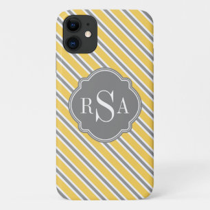 Funda Para iPhone 11 Monograma Patrón de franja blanca gris amarilla