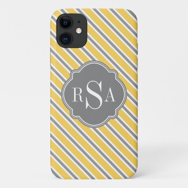 Funda De Case-Mate Para iPhone Monograma Patrón de franja blanca gris amarilla (Reverso)