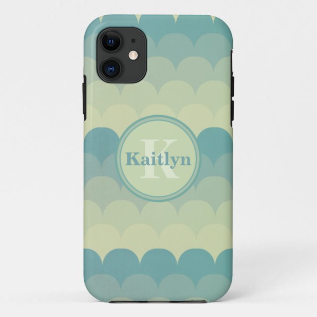 Funda De Case-Mate Para iPhone Monograma Patrón de onda verde azul (Reverso)