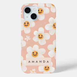 Funda Para iPhone 15 Monograma Patrón floral de sonrisa personalizada D