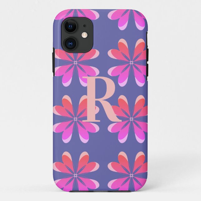 Funda De Case-Mate Para iPhone Monograma Periwinkle Patrón retro floral (Reverso)