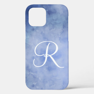 Funda Para iPhone 12 Monograma Personaliza la acuarela azul y blanca