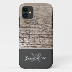 Funda Para iPhone 11 Monograma personalizable con grunge de madera.