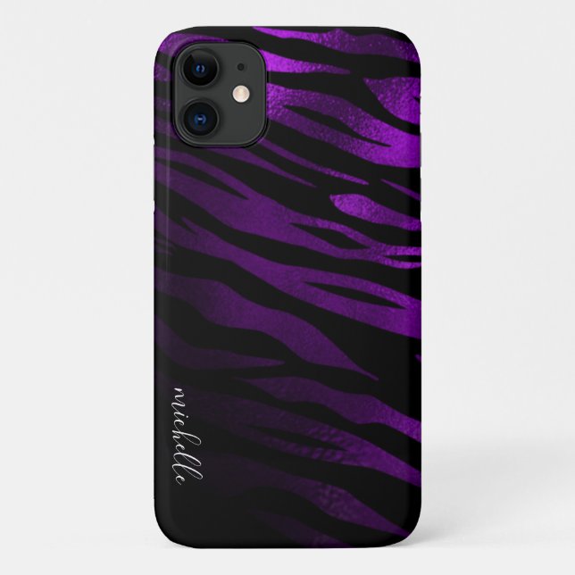 Funda De Case-Mate Para iPhone Monograma personalizado de bandas de tigres morado (Reverso)