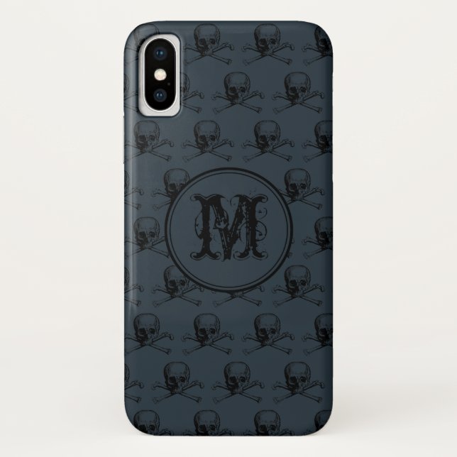 Funda De Case-Mate Para iPhone Monograma personalizado de Blue Black Skull Hallow (Reverso)
