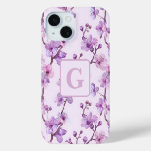 Funda Para iPhone 15 monograma personalizado de cerezos morados