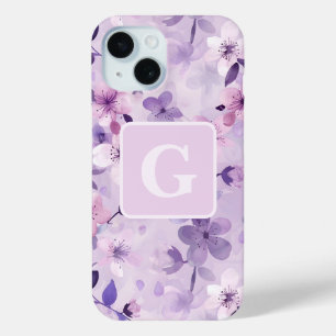 Funda Para iPhone 15 Monograma personalizado de cerezos morados