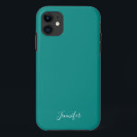 Funda Para iPhone 11 Monograma Personalizado de color sólido turquesa o<br><div class="desc">Estuche de teléfono de color sólido de moda en turquesa oscuro,  mi sombra favorita de verde azulado profundo. Un color muy profundo con su monograma personalizado. Personalice su nombre en un guión blanco elegante.</div>