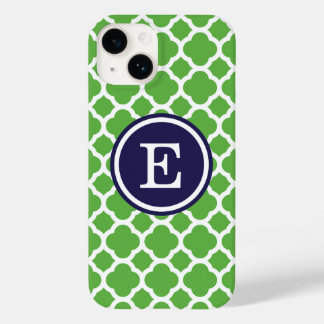 Funda Para iPhone 14 De Case-Mate Monograma Personalizado de Cuatrefoil verde y nava