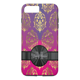 Funda Para iPhone 8 Plus/7 Plus Monograma personalizado de damasco morado y dorado