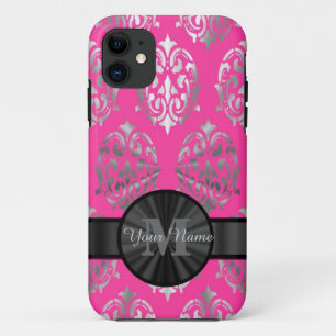 Funda Para iPhone 11 Monograma personalizado de damasco rosa y plata