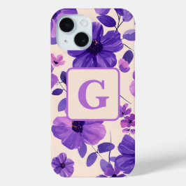 Funda Para iPhone 15 Monograma personalizado de flores púrpura pintadas