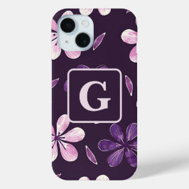 Funda Para iPhone 15 Monograma personalizado de flores púrpura pintadas