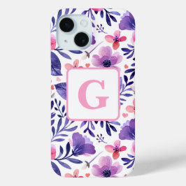 Funda Para iPhone 15 Monograma personalizado de flores púrpura pintadas