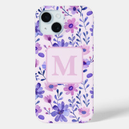 Funda Para iPhone 15 Monograma personalizado de flores púrpura pintadas