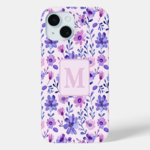 Funda Para iPhone 15 Monograma personalizado de flores púrpura pintadas