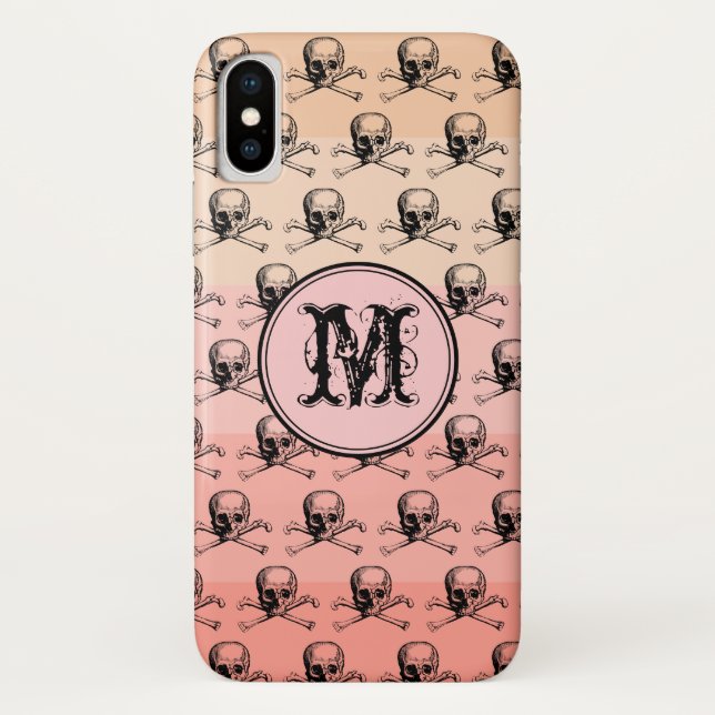 Funda De Case-Mate Para iPhone Monograma personalizado de Halloween con cráneo ro (Reverso)