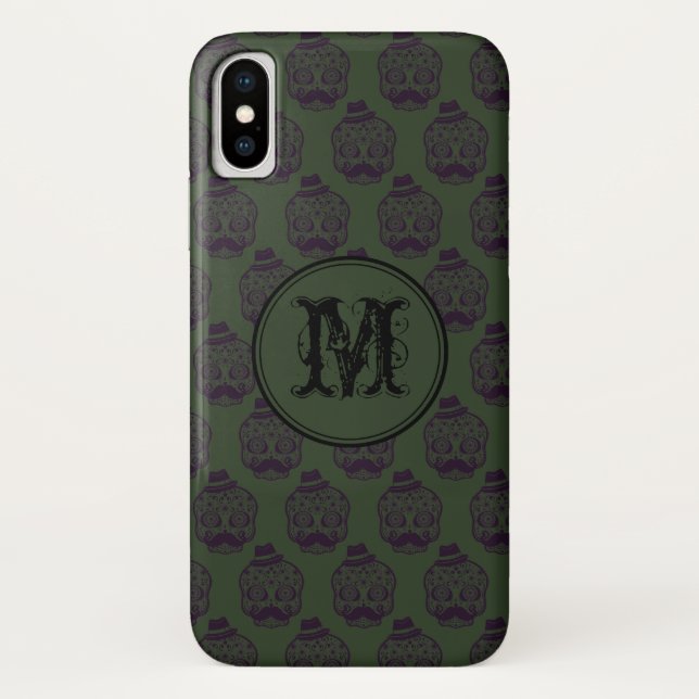 Funda De Case-Mate Para iPhone Monograma personalizado de Khaki Skull Halloween (Reverso)