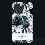 Funda Para iPhone 13 Pro Monograma Personalizado de la Marina Nocturna Flor<br><div class="desc">Nocturna Flor Flor Azul Oscuro Flor Flor Flora Azul Flora Gris Flores Pintadas a Mano Boho, Pies y Mucha Gris, Azul Marina, Azul Dusty, Rosa Mauve, Púrpura Lavender, Plata y Hojas y follaje de Carbón. Con elementos de la línea de dibujo manual, fuentes con letras a mano y un marco...</div>