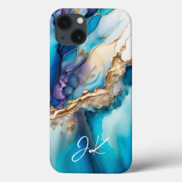 Funda Para iPhone 13 Monograma Personalizado de Mármol Azul Moderno Dor