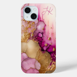 Funda Para iPhone 15 Monograma Personalizado de Mármol Dorado Púrpura M