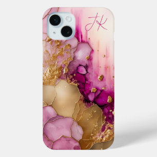 Funda Para iPhone 15 Mini Monograma personalizado de mármol rosa púrpura dor