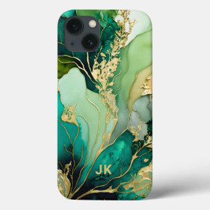 Funda Para iPhone 13 Monograma Personalizado de Mármol Verde Oro Modern