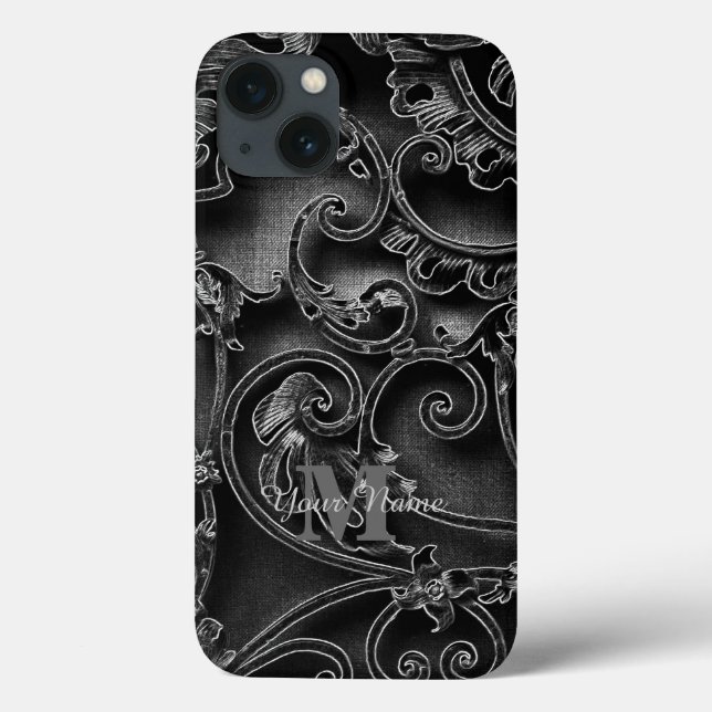 Funda De Case-Mate Para iPhone Monograma personalizado de patrón gótico negro (Reverso)
