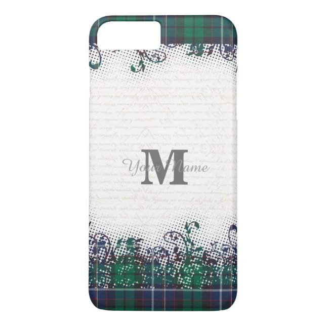 Funda De Case-Mate Para iPhone Monograma personalizado de plaid tartán verde (Reverso)