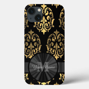 Funda Para iPhone 13 Monograma personalizado del damasco negro y dorado