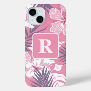 Funda Para iPhone 15 Monograma personalizado del hibisco rosa tropical