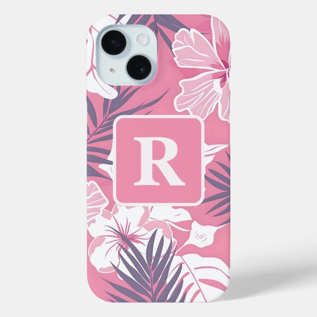 Funda De Case-Mate Para iPhone Monograma personalizado del hibisco rosa tropical (Reverso )