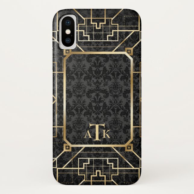 Funda De Case-Mate Para iPhone Monograma Personalizado elegante Damask Gold Art D (Reverso)
