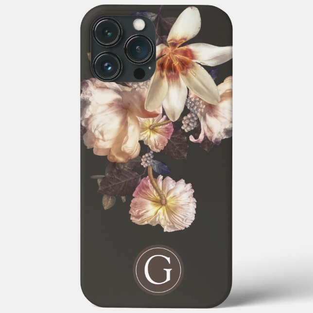 Funda De Case-Mate Para iPhone Monograma personalizado floral de elegancia oscura (Reverso )