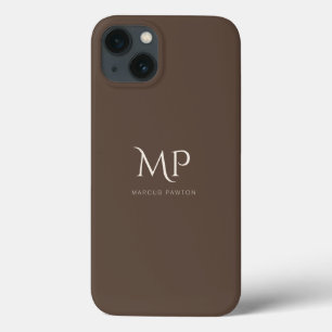 Funda Para iPhone 13 Monograma Personalizado marrón oscuro minimalista