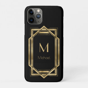 Funda Para iPhone 11 Pro Monograma Personalizado Negro y Dorado   Geométric