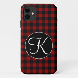 Funda Para iPhone 11 Monograma Personalizado Plaid Búfalo Rojo y Negro