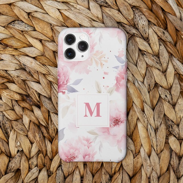 Funda De Case-Mate Para iPhone Monograma Personalizado Rosa Peonies (Subido por el creador)