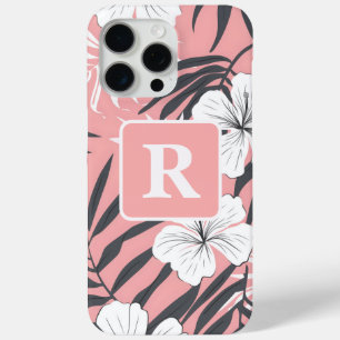 Funda Para iPhone 15 Pro Max Monograma personalizado rosado Tropical Hibiscus