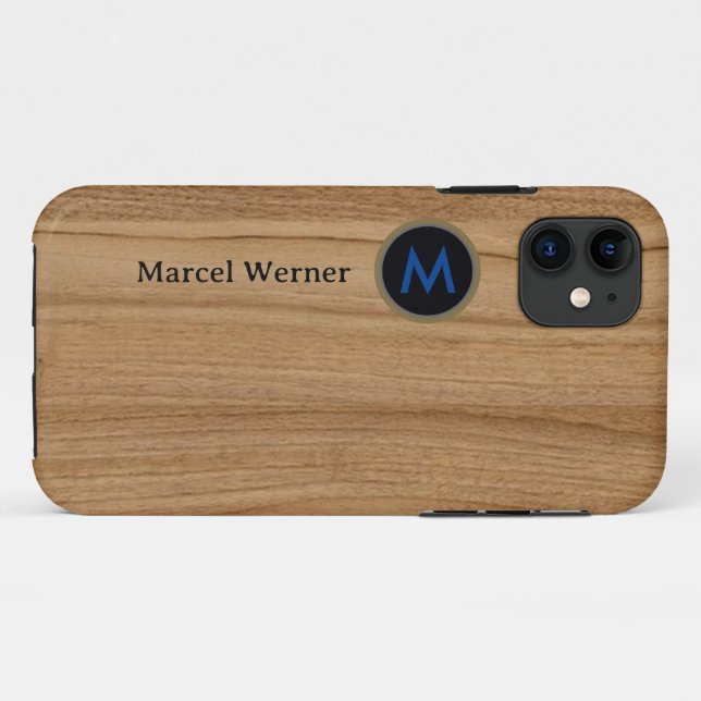 Funda De Case-Mate Para iPhone Monograma personalizado sobre madera falsa (Reverso (horizontal))