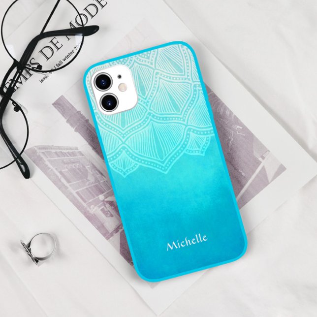 Funda De Case-Mate Para iPhone Monograma personalizado Turquoise Ombre Mandala (Subido por el creador)