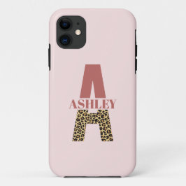 Funda Para iPhone 11 Monograma personalizado Una huella de leopardo ros