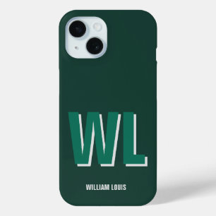 Funda Para iPhone 15 Monograma personalizado verde esmeralda minimalist