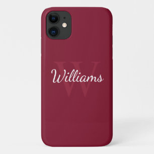 Funda Para iPhone 11 Monograma personalizado y nombre rojo borgoña