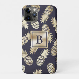Funda Para iPhone 11 Pro Monograma Piña Tropical Femenina Dorado Azul Marin