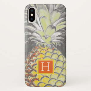 Funda Para iPhone X Monograma  Pinneapple amarillo tropical en gris